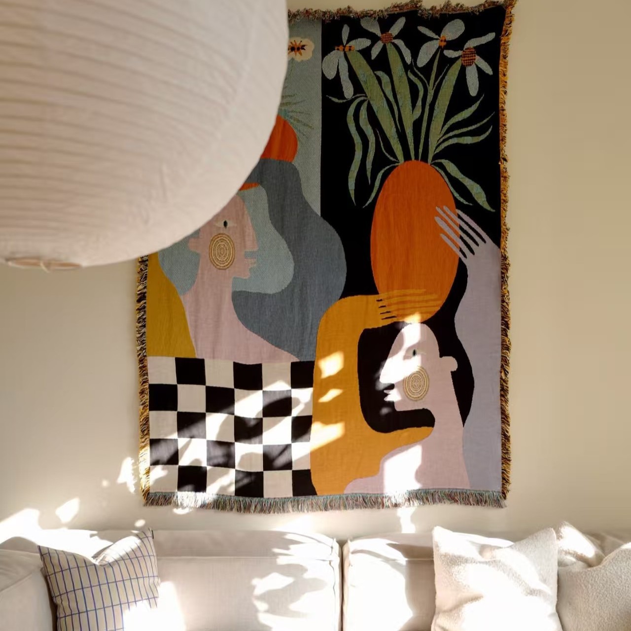 نسيج جداري فني تجريدي حديث بنم - مراجعة Boho Throw Blanket Fringe وسعره